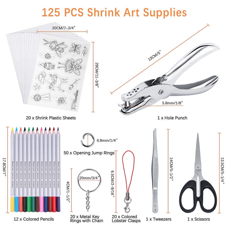 shynek Shrinky Film Sheets for Shrink Art, 125Pcs Shrinky Plastic Keychain Kit Including 20 Pcs Shrinky Paper, Hole Punch, Pencils, Keychains, Tweezers, Scissors for Crafts and Keychains - Image 2
